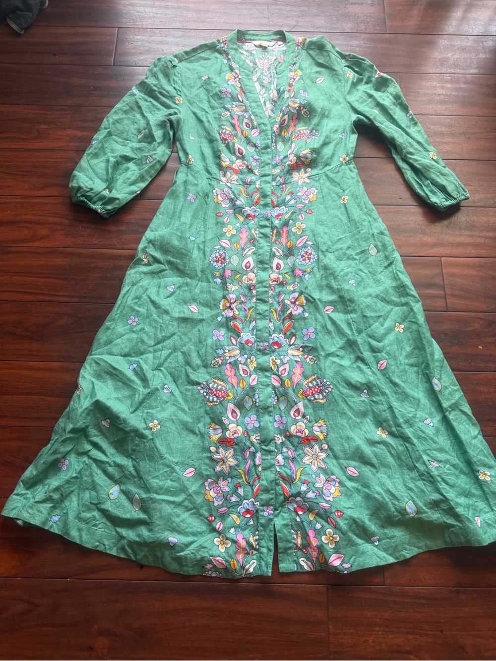 Boden Green Floral-Embroidered Midi Dress 100% Linen